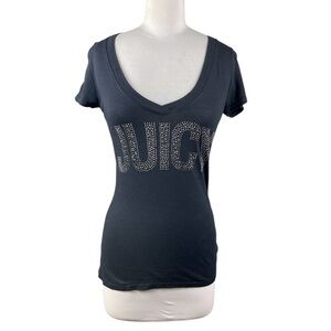 Juicy Couture Black Rhinestone Embellished V-Neck Tee, Size XS